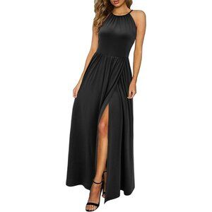 🆕Women Black Polyester Floral Print Sleeveless Halter Neck Maxi Dress with Pock